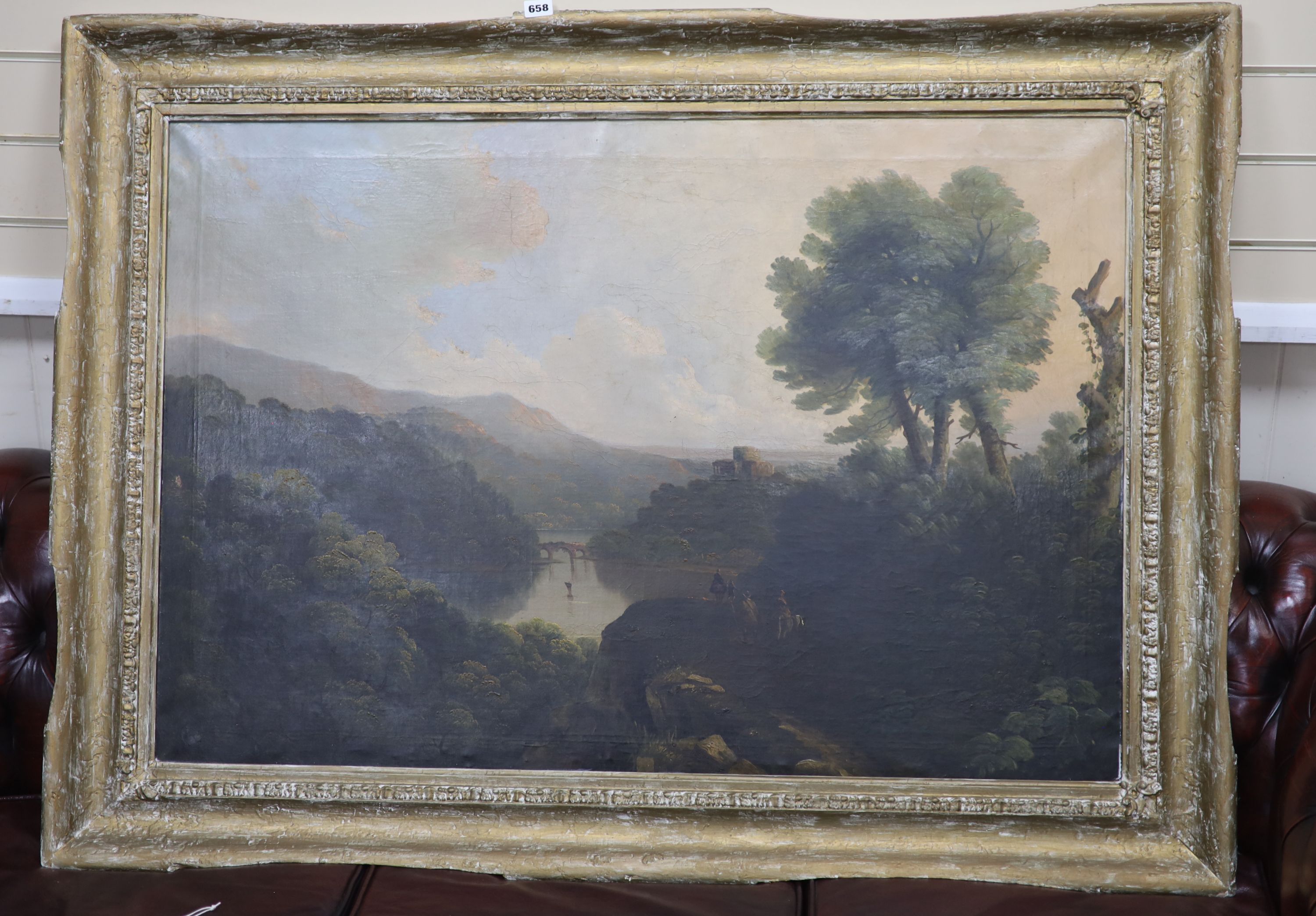19th century English School, oil on canvas, Travellers in a river landscape, 73 x 107cm